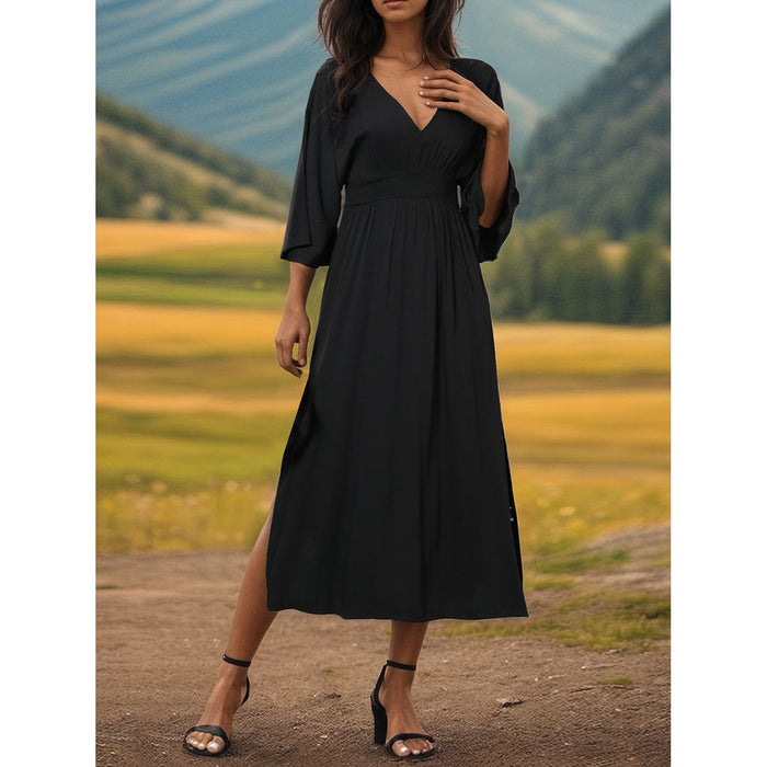 Slit V-Neck Long Sleeve Midi Dress