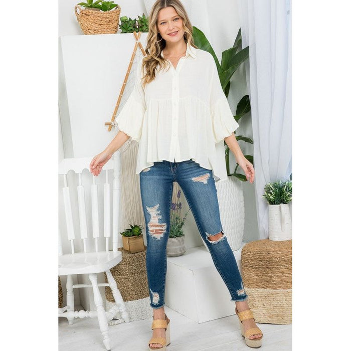 Plus Solid Button Down Blouse