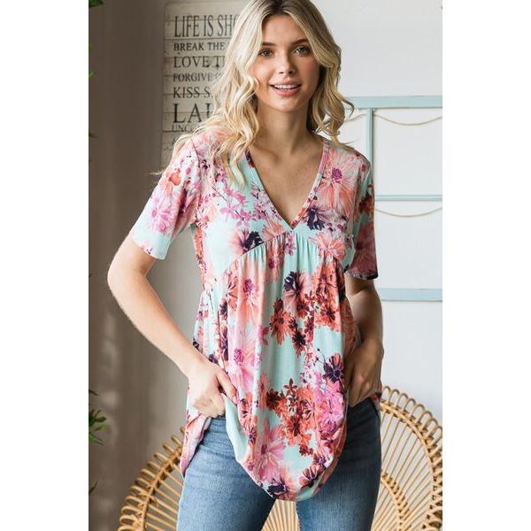 Heimish Floral V-Neck Short Sleeve Babydoll Blouse