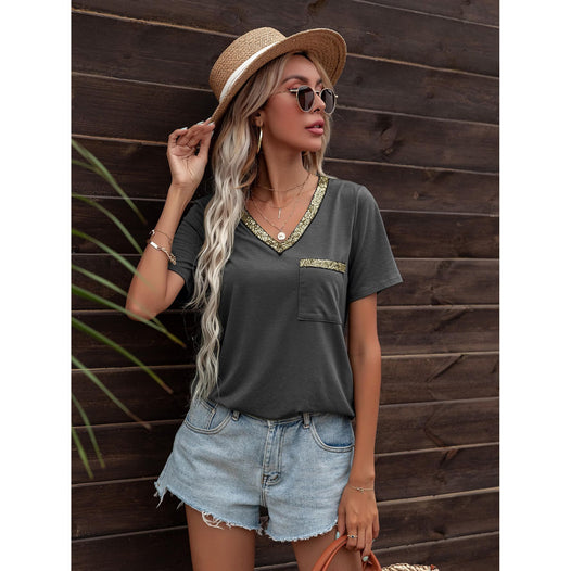 Glitter V-Neck Short Sleeve Tee Shirt