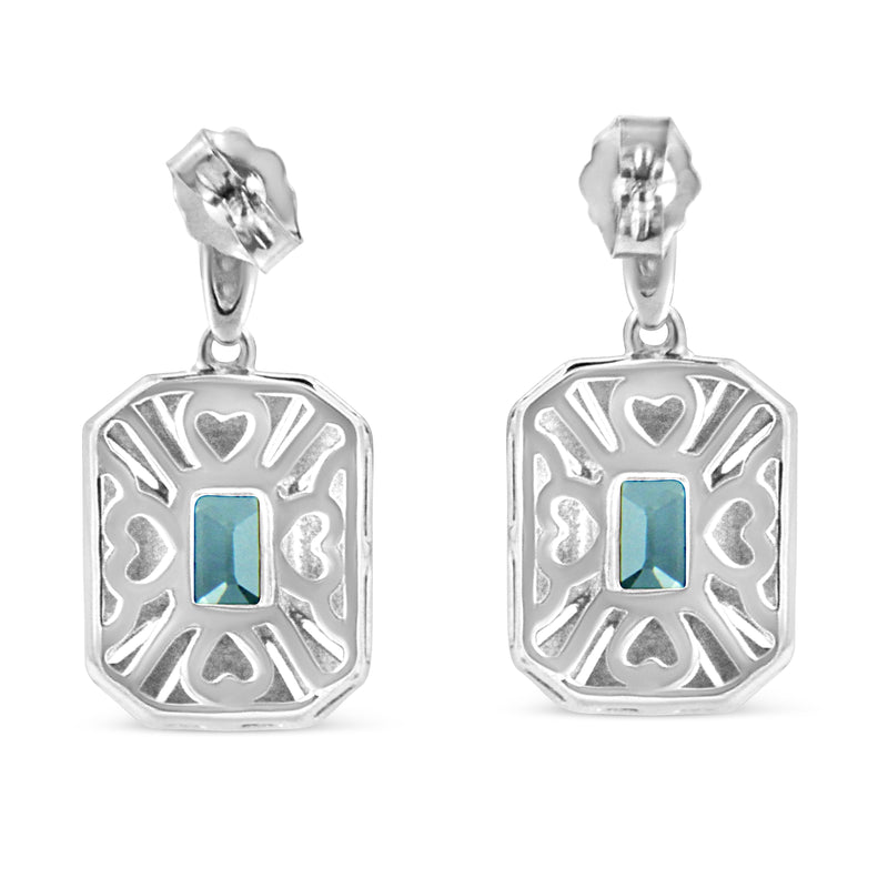 Bids.com .925 Sterling Silver 7x5MM Emerald Shape Blue Topaz and Diamond Accent Art Deco Halo Style Drop and Dangle Earrings (I-J Color, I1-I2 Clarity) Earrings