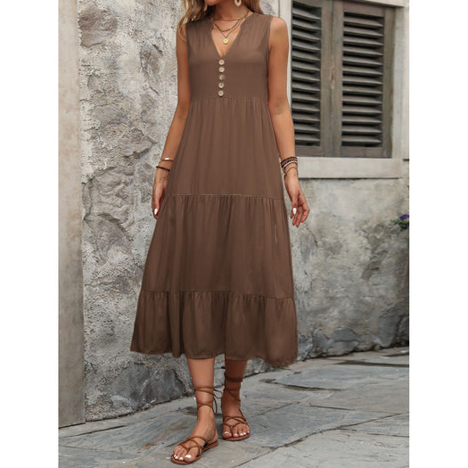 Decorative Button Notched Sleeveless Dress