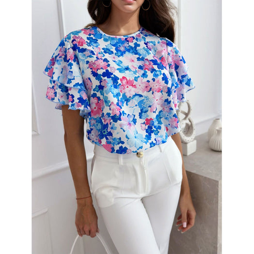 Floral Round Neck Flutter Sleeve Blouse