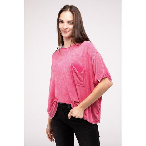 Washed Ribbed Cuffed Short Sleeve Round Neck Top