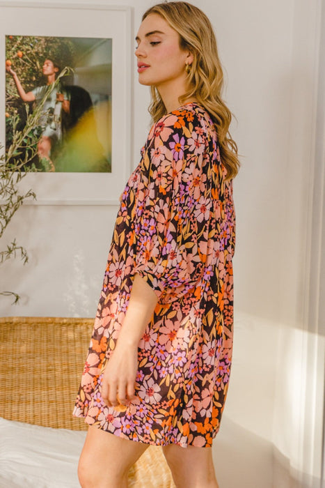 ODDI Floral Tied Neck Mini Dress