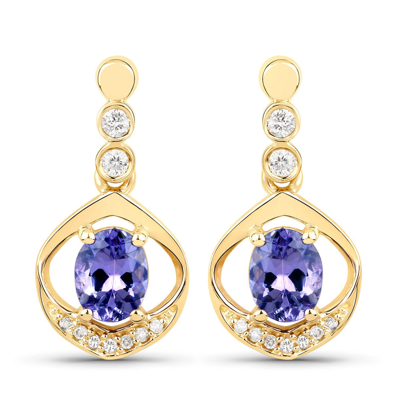 Bids.com 0.76 Carat Genuine Tanzanite and White Diamond 14K Yellow Gold Earrings Earrings