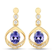 Bids.com 0.76 Carat Genuine Tanzanite and White Diamond 14K Yellow Gold Earrings Earrings