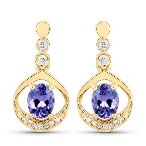 Bids.com 0.76 Carat Genuine Tanzanite and White Diamond 14K Yellow Gold Earrings Earrings