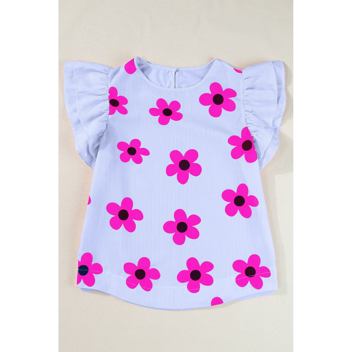 Ruffled Flower Printed Round Neck Cap Sleeve Blouse