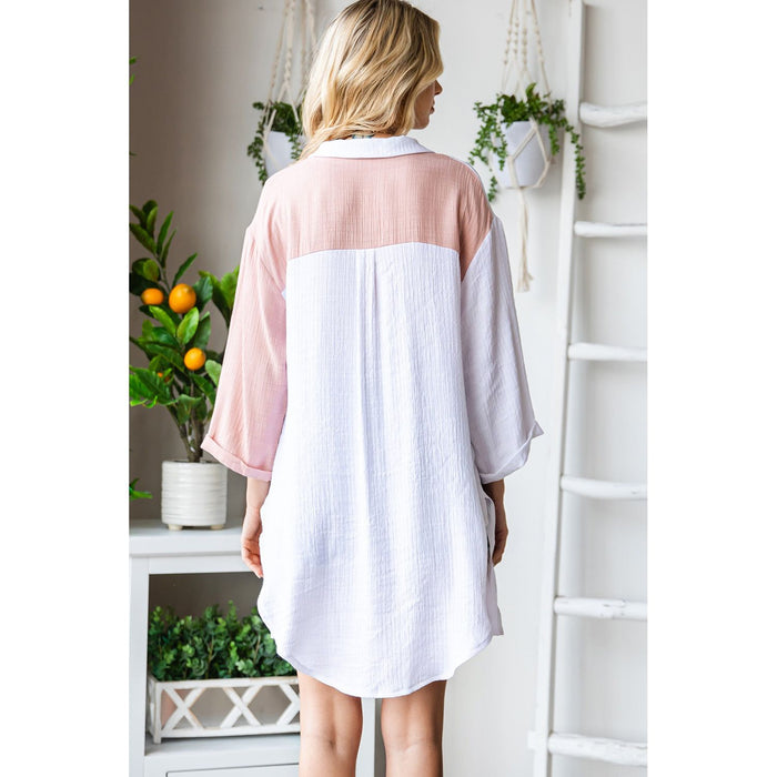 Two-Tone Button Up Dropped Shoulder Shirt