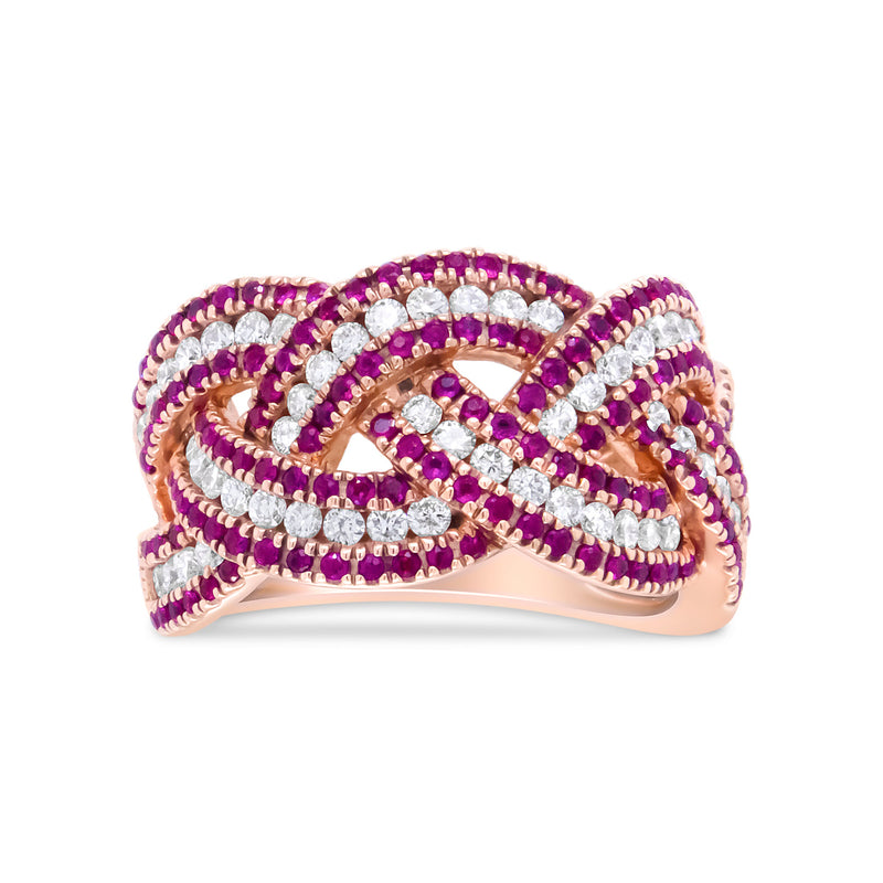 Bids.com 18K Rose Gold Red Ruby and 7/8 Cttw Diamond Woven Braided Band Ring (F-G Color, VS1-VS2 Clarity) - Ring Size 7 Rings