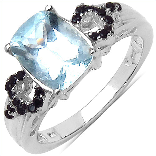 Bids.com 1.92 Carat Genuine Aquamarine & Black Spinel .925 Sterling Silver Ring Rings