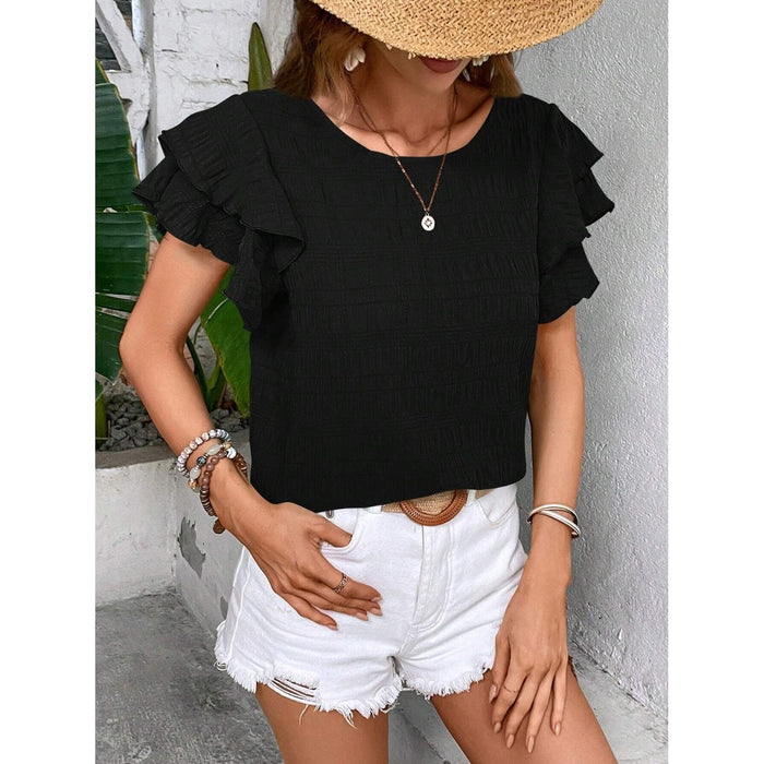 Round Neck Flounce Sleeve Blouse