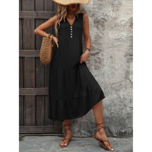 Decorative Button Notched Sleeveless Dress