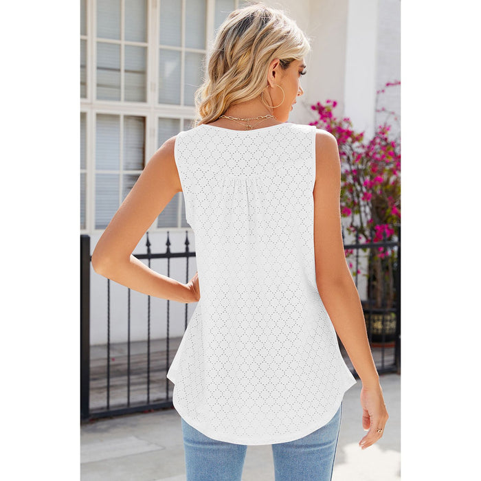 Eyelet Buttoned Round Neck Tank