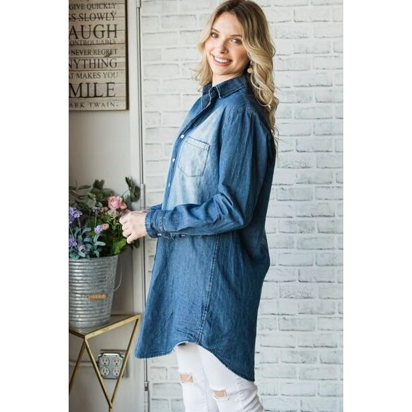 Veveret Pocketed Button Up Washed Denim Shirt