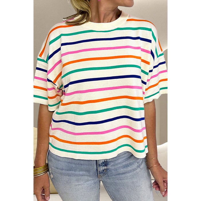 Striped Round Neck Half Sleeve Knit Top