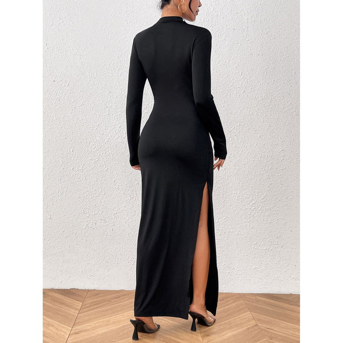 Slit Mock Neck Long Sleeve Maxi Dress