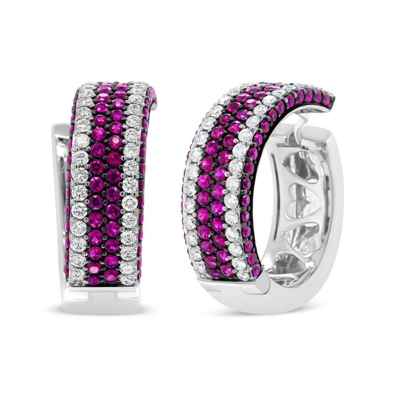 Bids.com 18K White Gold 1 7/8 Cttw Diamond and 1mm Round Red Ruby Open Swish Hoop Earrings (F-G Color, VS1-VS2 Clarity) Earrings