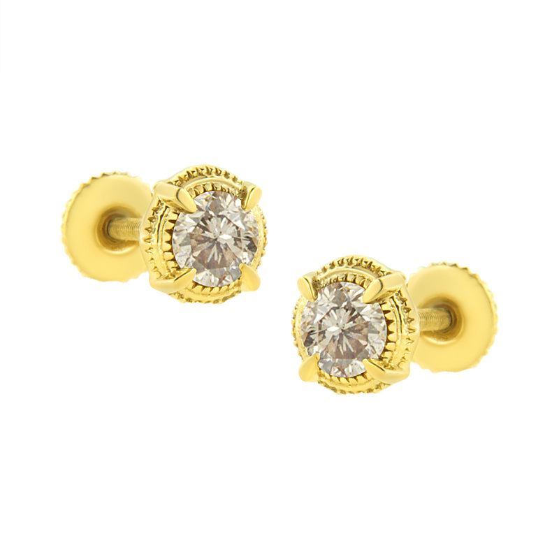 Bids.com 14K Yellow Gold Plated .925 Sterling Silver 1.0 Cttw Round Brilliant Cut Diamond Solitaire Milgrain Stud Earrings (K-L Color, I2-I3 Clarity) Earrings