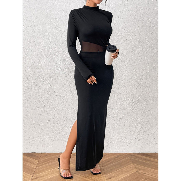 Slit Mock Neck Long Sleeve Maxi Dress