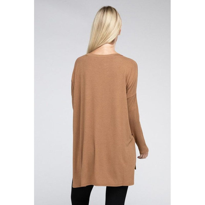 Dolman Long Sleeve V-Neck Side Slit Hi-Low Hem Top