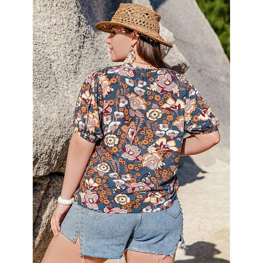 Plus Size Printed Notched Half Sleeve Blouse