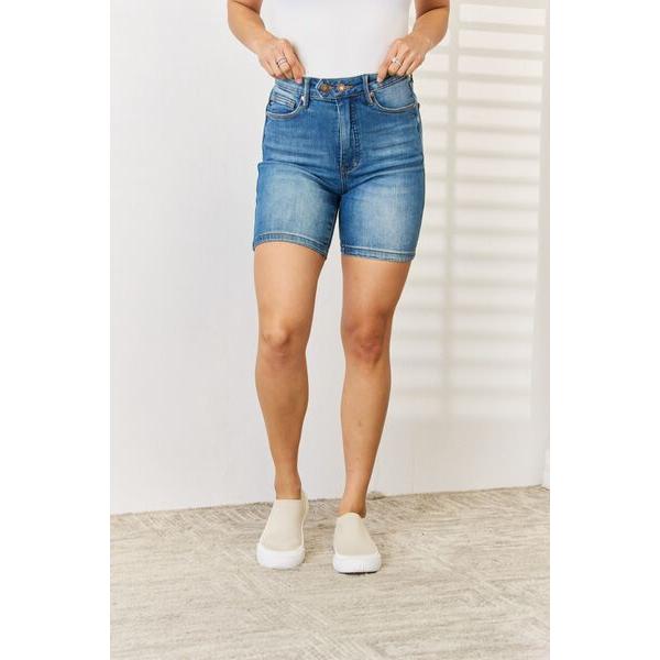 Tummy Control Double Button Bermuda Denim Shorts