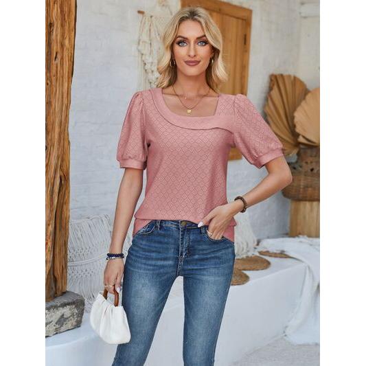 Eyelet Asymmetrical Neck Short Sleeve T-Shirt