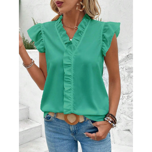 Ruffled V-Neck Cap Sleeve Blouse