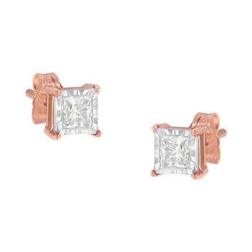 Bids.com 14K Rose Gold Plated Two-Tone .925 Sterling Silver 1/2 Cttw Princess-Cut Square Near Colorless Diamond Solitaire Miracle-Plate Stud Earrings (J-K Color, I2-I3 Clarity) Earrings
