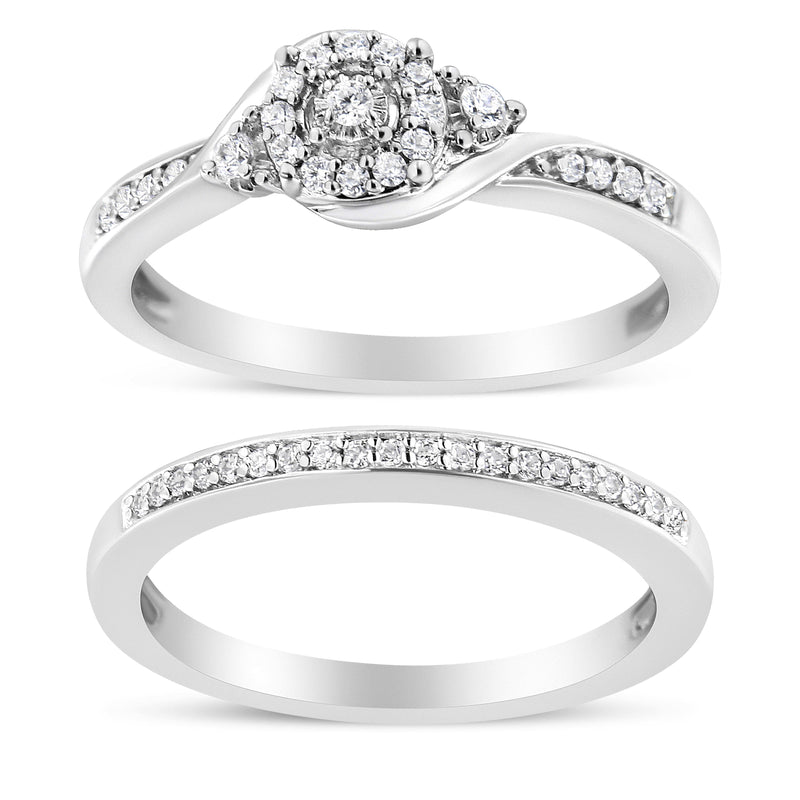 Bids.com .925 Sterling Silver 1/4 Cttw Diamond Halo and Swirl Engagement Ring and Wedding Band Set (I-J Color, I3 Clarity)- Ring Size 7 Rings