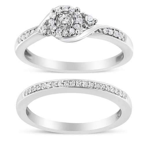 Bids.com .925 Sterling Silver 1/4 Cttw Diamond Halo and Swirl Engagement Ring and Wedding Band Set (I-J Color, I3 Clarity)- Ring Size 7 Rings