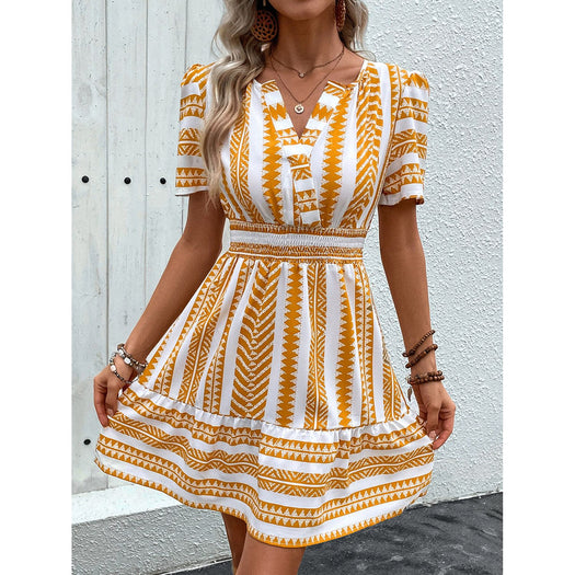 Geometric Notched Short Sleeve Mini Dress