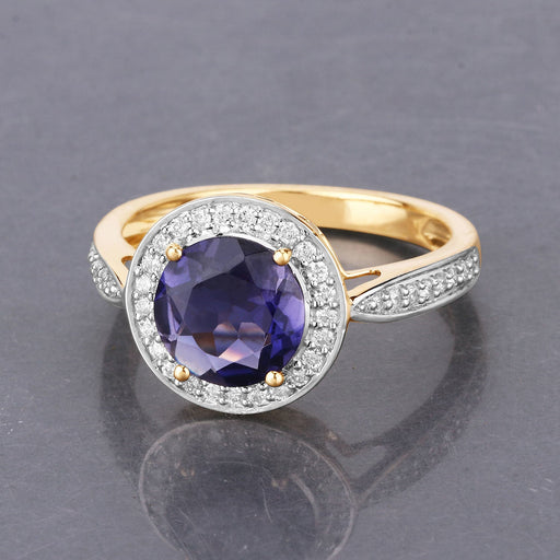 Bids.com 1.79 Carat Genuine Iolite and White Diamond 14K Yellow Gold Ring Rings