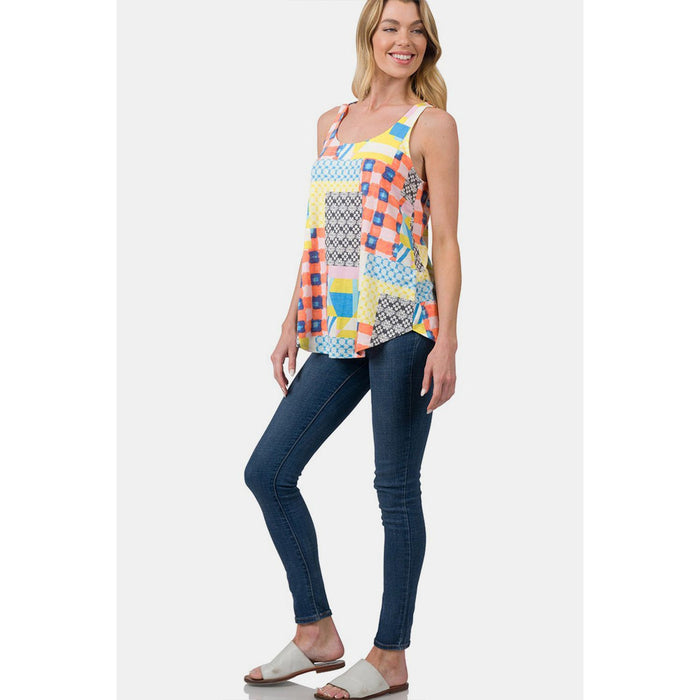 Zenana Printed Round Neck Curved Hem Tank