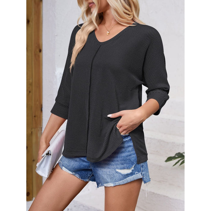 Textured Round Neck Three-Quarter Sleeve Blouse