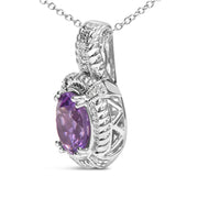 Bids.com .925 Sterling Silver 9x7mm Oval Purple Amethyst and Round Diamond Accent Fashion Drop Pendant 18 Inch Necklace (I-J Color, I1-I2 Clarity) Necklaces