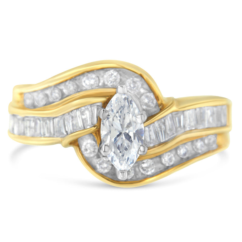 Bids.com 14KT Two-Toned Gold Marquise, Baguette and Round Cut Diamond Bypass Ring (1 cttw, H-I Color, SI1-SI2 Clarity) (Size 7) Rings