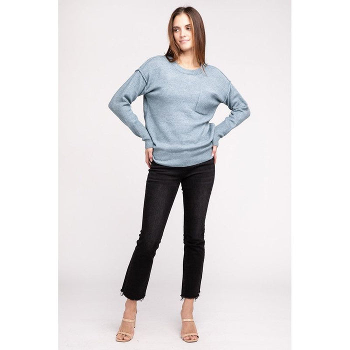 Melange Hi-Low Hem Round Neck Sweater