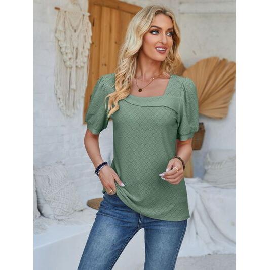 Eyelet Asymmetrical Neck Short Sleeve T-Shirt