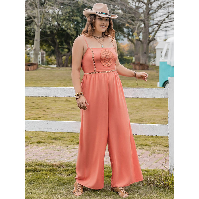 Plus Size Lace Detail Spaghetti Strap Wide Leg Jumpsuit