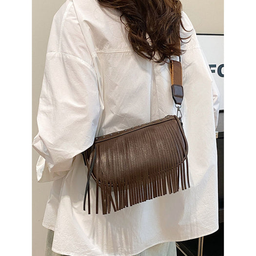 PU Leather Fringe Studded Crossbody Bag