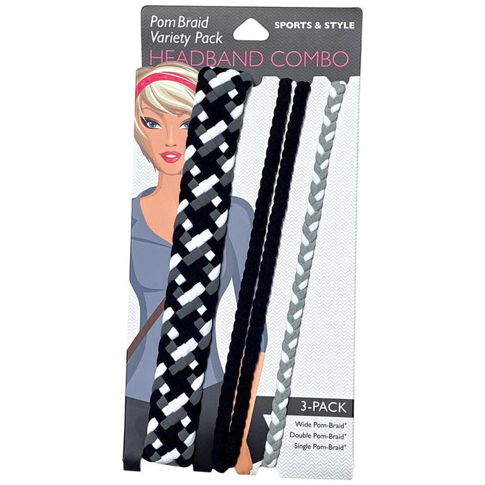 The Bullish Store - 3 Pack Black In Between Variety Pack Headband | Pom Braid Hair Accessory