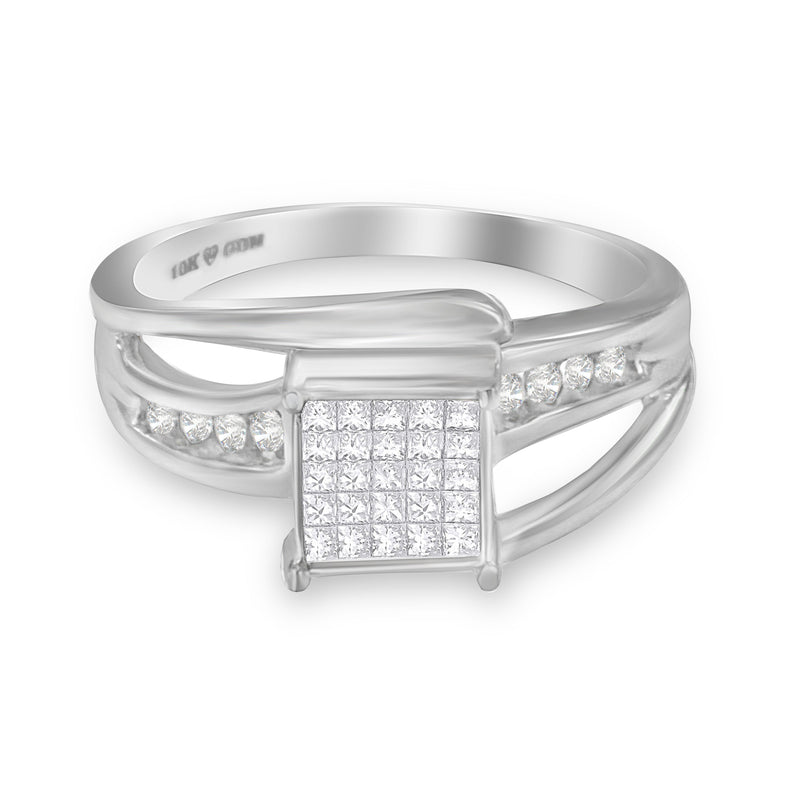 Bids.com 10K White Gold 1/3 Cttw Invisible Set Princess-cut Diamond Cluster Bypass Ring (H-I Color, SI1-SI2 Clarity) - Ring Size 7 Rings