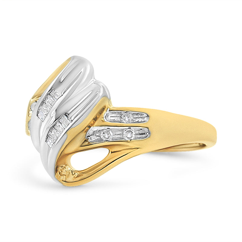 Bids.com 10K Yellow and White Gold 1/10 Cttw Baguette and Round-Cut Diamond Bypass Ring (I2 Color, H-I Clarity) - Size 7 Rings
