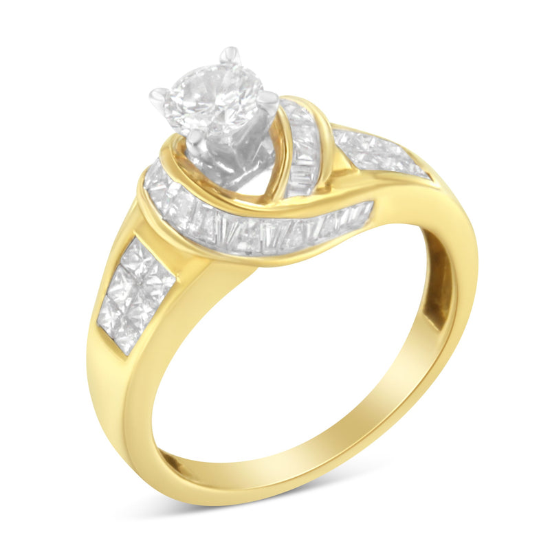 Bids.com 14K Two-Toned Gold Round, Baguette and Princess Cut Diamond Ring (1 1/8 Cttw, H-I Color, SI2-I1 Clarity) - Size 6 Rings