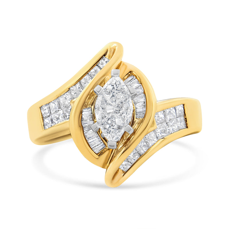 Bids.com 14K Yellow Gold Princess, Baguette, and Pie cut Diamond Marquise Shaped Ring (1 1/4 Cttw, G-H Color, SI1-SI2 Clarity) - Size 5-1/2 Rings