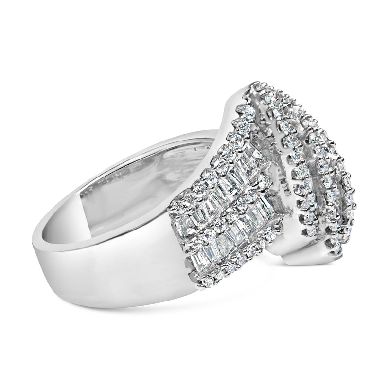 Bids.com 14K White Gold 1-1/2 Cttw Round and Baguette Diamond Bypass Cocktail Ring Band (H-I Color, SI1-SI2 Clarity) - Size 7 Rings