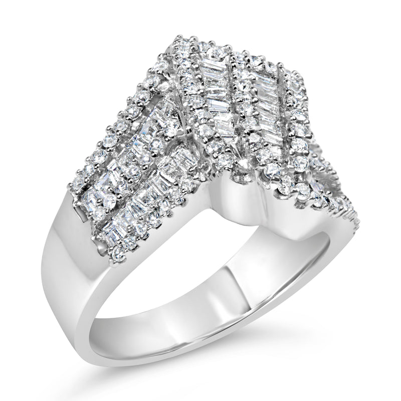 Bids.com 14K White Gold 1-1/2 Cttw Round and Baguette Diamond Bypass Cocktail Ring Band (H-I Color, SI1-SI2 Clarity) - Size 7 Rings